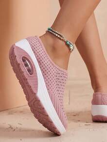 Women's Summer Mesh Slip-On Mule Slippers, Air Cushion Rocker Sole, Breathable Thick Platform Height-Increasing Fashion Casual Slides - Pink - View 3