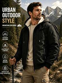 1pc Men's Autumn/Winter Thermal Lined Solid Color Hooded Padded Coat - Black - View 1