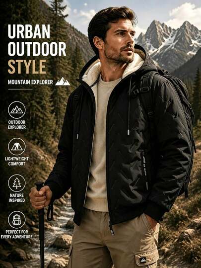 1pc Men's Autumn/Winter Thermal Lined Solid Color Hooded Padded Coat