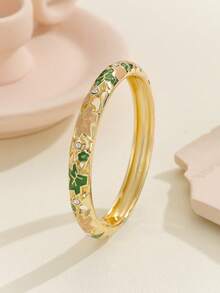 1pc Fashion New Style Gold Plated Exquisite Rhinestone Flower Pattern Enamel Cloisonne Bracelet Bangle Jewelry Gift For Girls Women - Green - View 6
