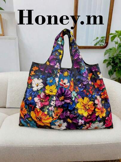 1pc Floral Print Oil Painting 3D Fashion Large Capacity Tote Bag, Portable Foldable Handbag, Shopping Bag, Shoulder Bag, Reusable Bag