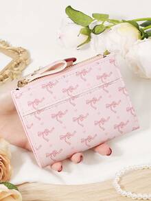 Ladies' Bow Printed Short Zipper Coin Purse, Portable Card Bag Wallet, Suitable For Daily Shopping And Travel - Pink - View 15