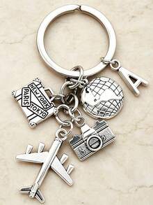 Zinc Alloy Travel Alphabet Keychain With Plane, Globe And Camera Charms, Y2K Goth Bag Car Accessory, Holiday Gift For Parents, Teachers And Graduates - Multicolor - View 3