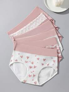 6pcs Pink Heart Print High Waist Cotton Women's Triangle Panties, Comfortable Bodycon Underwear - Multicolor - View 5