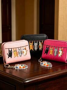 Colorblock Kitten Hanging Ornament, Cute Cat Swinging Print Pattern, Lychee Textured Leather Coin Purse Card Holder, Small Zipper Wallet Mini Storage Bag, Kitten Keychain Accessory, Portable Zipper Card Sleeve Coin Pouch, For Women Girls Teenagers Daily Use, Travel Shopping Dating Office Dorm School Essential, Compact Pocket Wallet Clutch For Cash Cards Coins Keys - Multicolor - View 2