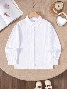 Tween Girl Classic Casual Campus Style White Long Sleeve Shirt For Girls, Suitable For Formal Events, Parties, Performances, And Dress-Up - White - View 1