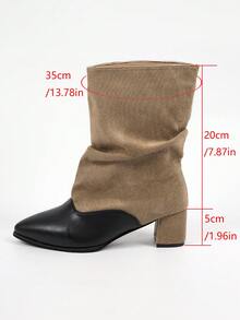 Women's Vintage Pointed Toe Ruched Mid-Calf Boots, Colorblock Pleated Chunky Heel Boots, Suitable For Autumn/Winter Daily Wear - Khaki - View 6