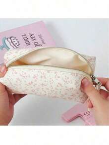 1pc Pink Floral Pencil Case, Lightweight Zipper Stationery Storage Bag, Simple Large Capacity Student Pencil Bag, Portable Pen Storage Box, Office Stationery Bag, Makeup Tool Storage Bag, Desktop Accessory, Suitable For Storing Small Items In School And Office, Pen And Pencil Storage, Daily And Travel Use Makeup Accessory Storage Bag, Back To School Season Gift - Multiple Styles - View 5