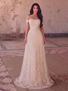 Faeriesty Romantic Open Shoulder Short Sleeve Beaded Formal Dress, Decorated With Contrast Sequins And Flared Hem Fall Wedding - Apricot - View 5