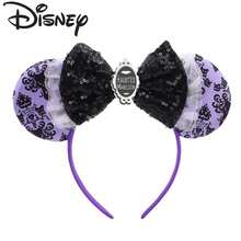 Disney Haunted Mansion Mickey Ears Headband, Purple Base With Black Castle Pattern, Black Sequin Bow With White Mesh Ruffle Trim, Vintage Gothic Halloween Theme Park Hair Accessory - Multicolor - View 6