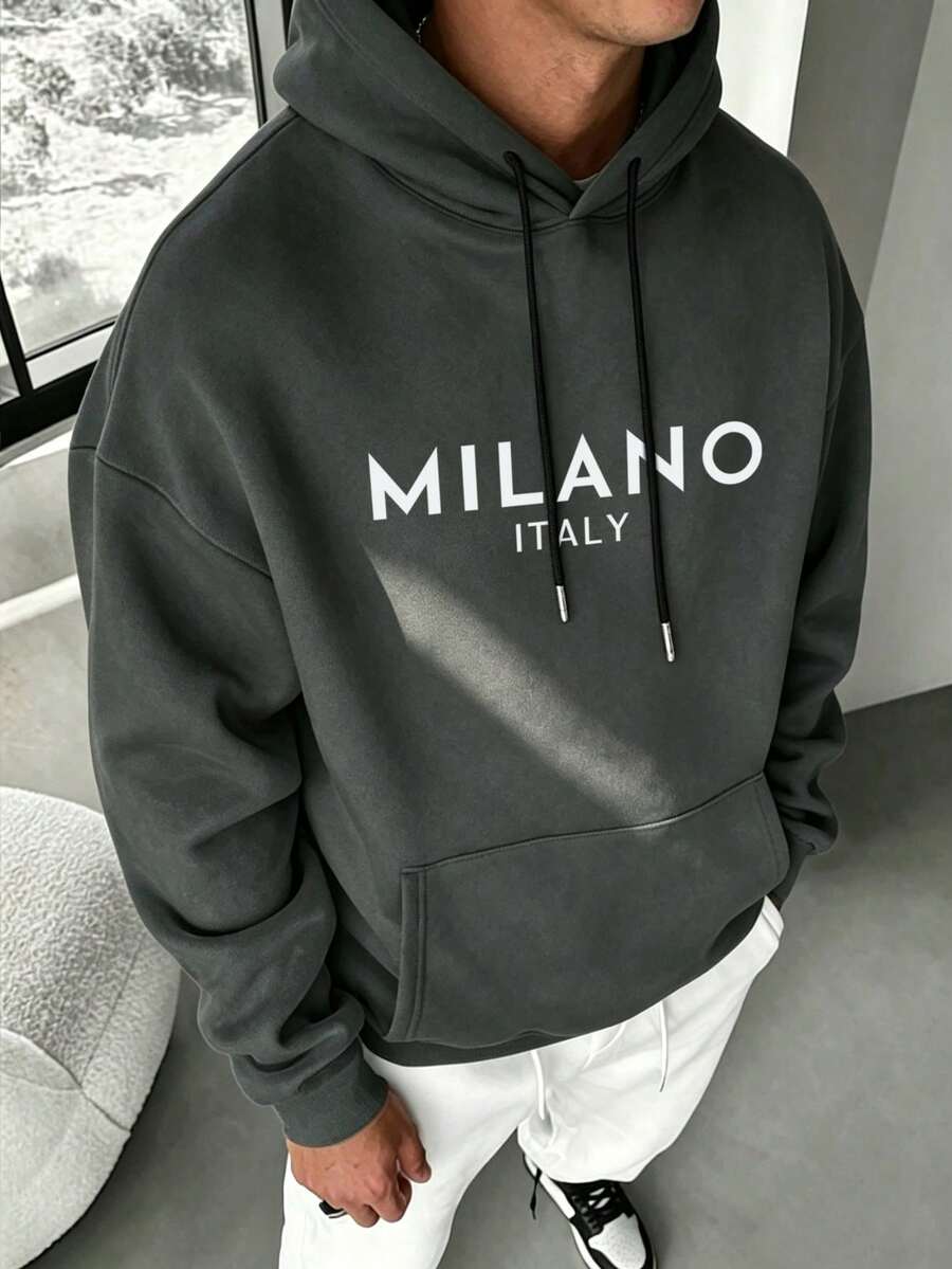 Plus Size Men's Fashion Milan English Graphic Print Casual Pocket Drawstring Hoodie Sweatshirt, Perfect For Daily, Street, Sports, College, Outdoor Wear - Dark Grey - View 1