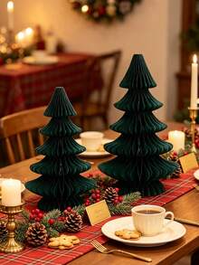2pcs Green Paper Honeycomb Christmas Trees, Holiday Tabletop Decor, Party Decoration And Gift, Suitable For Christmas Table Display, Centerpiece And Home Or Room Decoration - Green - View 2