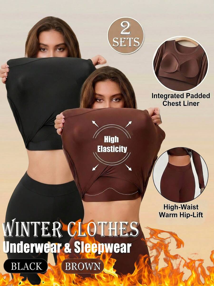 2pcs/Set Women's Winter Clothing 2-In-1 With Built-In Padding, Comfortable Minimalist Slimming Warm Pajama Set