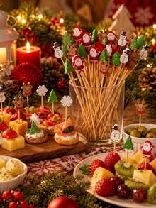 100pcs Winter Party Bamboo Skewers Set, Featuring Reindeer, Christmas Tree, Snowman And Snowflake Patterns; 4.7 Inch Natural Bamboo Skewers; Suitable For Christmas, Winter Party, New Year Cake And Dessert, Fruit And Christmas Party Home Decor - Christmas Bamboo Skewers - View 7