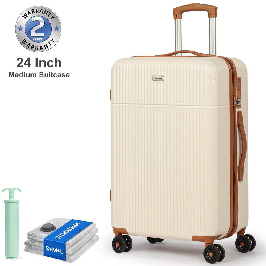 24 Inch Medium Suitcase ABS Hard Shell Lightweight Small Trolley Travel Cabin Luggage With 4 Double Spinner Wheels TSA Lock-Beige - White - View 1