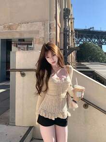 Knitted Textured Patchwork Sexy Style Tie Square Neck Cable Knit Pullover Sweater - Apricot - View 6