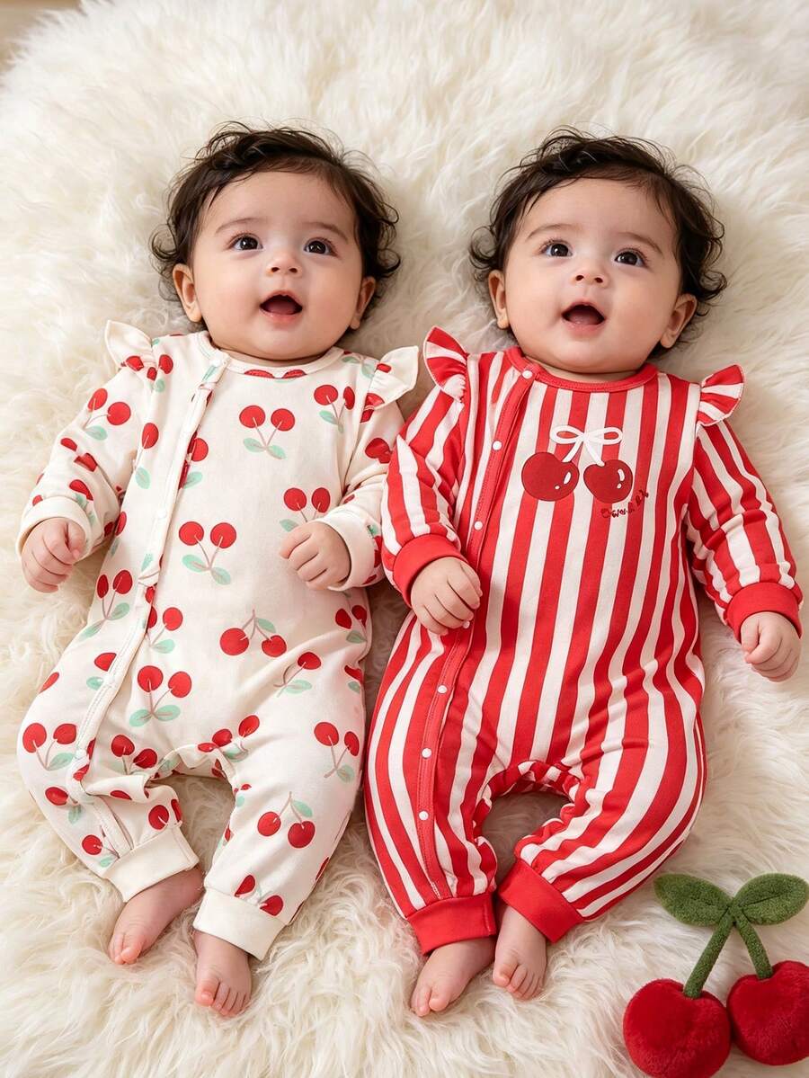 Lurzo 2pcs Cute Cherry Striped Print Beige And Red Long Sleeve Jumpsuit Set, Suitable For Baby Girls, Comfortable Fabric, Suitable For Spring, Autumn And Winter - Multicolor - View 1