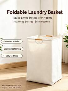 Large Capacity Foldable Laundry Basket With Wooden Handle, Bedroom Bathroom Closet Collapsible Clothes Storage Bin, Fabric Organizer Container - Multicolor - View 3