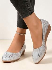 Women's Matte Glitter Thick Sole Wedge Pumps, Casual Outdoor Work Shoes, Flat Shoes - Silver - View 2