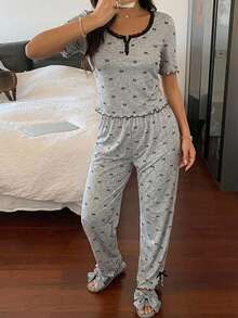 DAZY 女款睡衣套裝，蕾絲飾邊蝴蝶結印花短袖上衣與長褲，2件組夏季女裝 - 淺灰色 - 查看 5