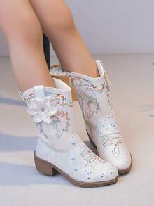 Girls' Shiny Sequin Embroidered Western Mid-Calf Boots, Sweet Autumn/Winter Party Dress-Up Boots - Beige - View 3