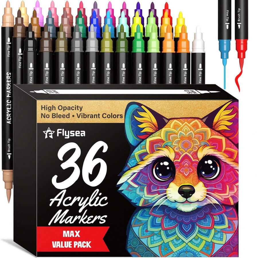 FLYSEA 24/36 Dual Tip Fine & Brush Pen Set | For Rocks, Fabrics, Wood, Glass & More, Perfect For DIY Crafts & Creative Art Projects With Bright Smooth & Quick-Dry Ink - Sets - View 1