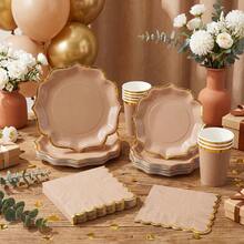 10/20/50/80 Pcs,Neutral Brown Gold Foil Wavy Edge Disposable Tableware,Boho Taupe Scalloped 7 Inch & 9 Inch Paper Plates,Cups And Napkins With Golden Rim,Simple Chic Table Supplies For Tea Party,Family Gathering,BabyShower,Birthday Party,Wedding - Brown - View 2