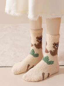 3/5 Pairs Random Women's Coral Fleece Mid-Calf Socks, Winter Warm Sleep Socks, Floor Socks, Cute Bear Pattern Fuzzy Socks, Coffee Color Versatile Women's Socks - Multicolor - View 4
