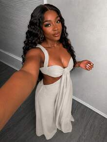 SADE Solid Color Twisted Design Camisole Low Neck Loose Woven Green Jumpsuit Sexy Avant-Garde Street Fashion Date - Beige - View 2