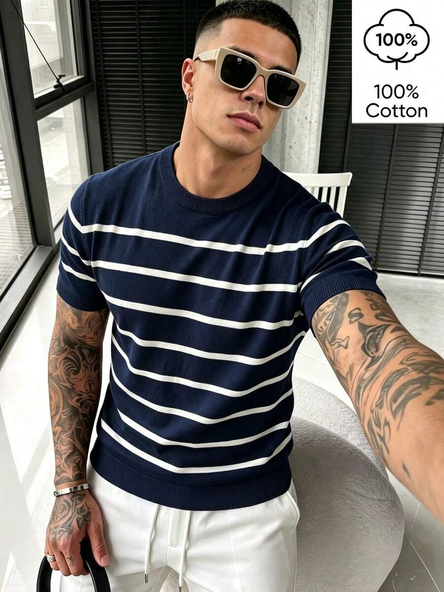 WAIT HIM 100% Cotton Men's Casual Colorblock Striped Knit Top - Blue and White - View 1