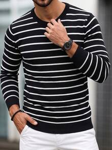 Men's Minimalist Colorblock Horizontal Striped Crew Neck Knit Sweater, Soft Long Sleeve Pullover, Casual Layering Base Top - Black - View 2