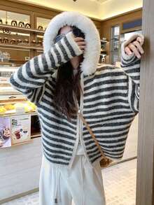Women's Autumn/Winter Loose Slouchy Colorblock Striped Hooded Knit Cardigan Sweater Jacket With Fur Collar - Dark Grey - View 4
