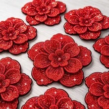Red Rhinestone 3D Flower Applique, Heavy Rhinestone Embroidery Flower Patch, Dress DIY Decoration Patch, Clothing Bag Handmade Rhinestone Accessory, Suitable For Sewing Projects, Clothing Accessories, Clothing Creation, Party Decoration, Hair Accessory Making, Handmade Projects - 3-tier Large Flower - View 5