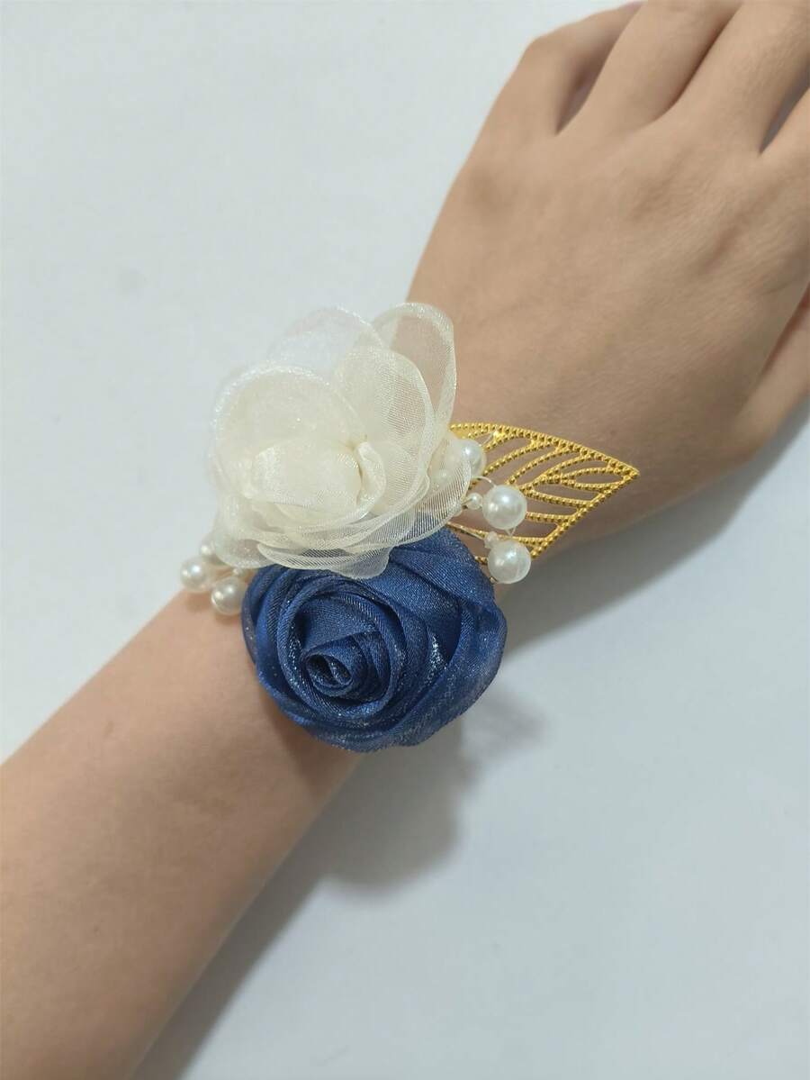 1件女款腕花飾品 新娘伴娘婚禮紅玫瑰花飾 手腕花飾 新娘派對手部飾品 胸針 雞尾酒會舞會 日常手鍊配件 - 700-米+寶藍 - 查看 1