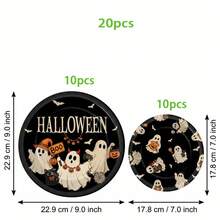 10/20/40pcs Vintage Boo Ghost Disposable Paper Plates, Black Background With Cute Ghost, Pumpkin And Bat Prints, 7 Inch And 9 Inch Dinner Plates, Spooky Autumn Halloween Tableware, Suitable For Halloween Party, Trick Or Treat, Autumn Gathering And Spooky Dessert Table Decoration - Ghost Edition - View 10