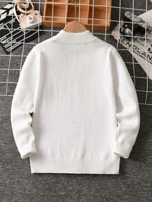 Boys' Simple Argyle Half-Zip Half-Neck Long Sleeve Sweater Knit Pullover, Textured Casual Versatile Top For Daily Wear And School, Spring/Autumn/Winter - White - View 2