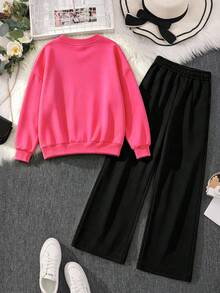 2pcs/Set Teen Girls Outfit, Round Neck Butterfly Print Sweatshirt With Minimalist Casual Wide Leg Pants, New Autumn/Winter Fashion Daily Girls Set - Hot Pink - View 3