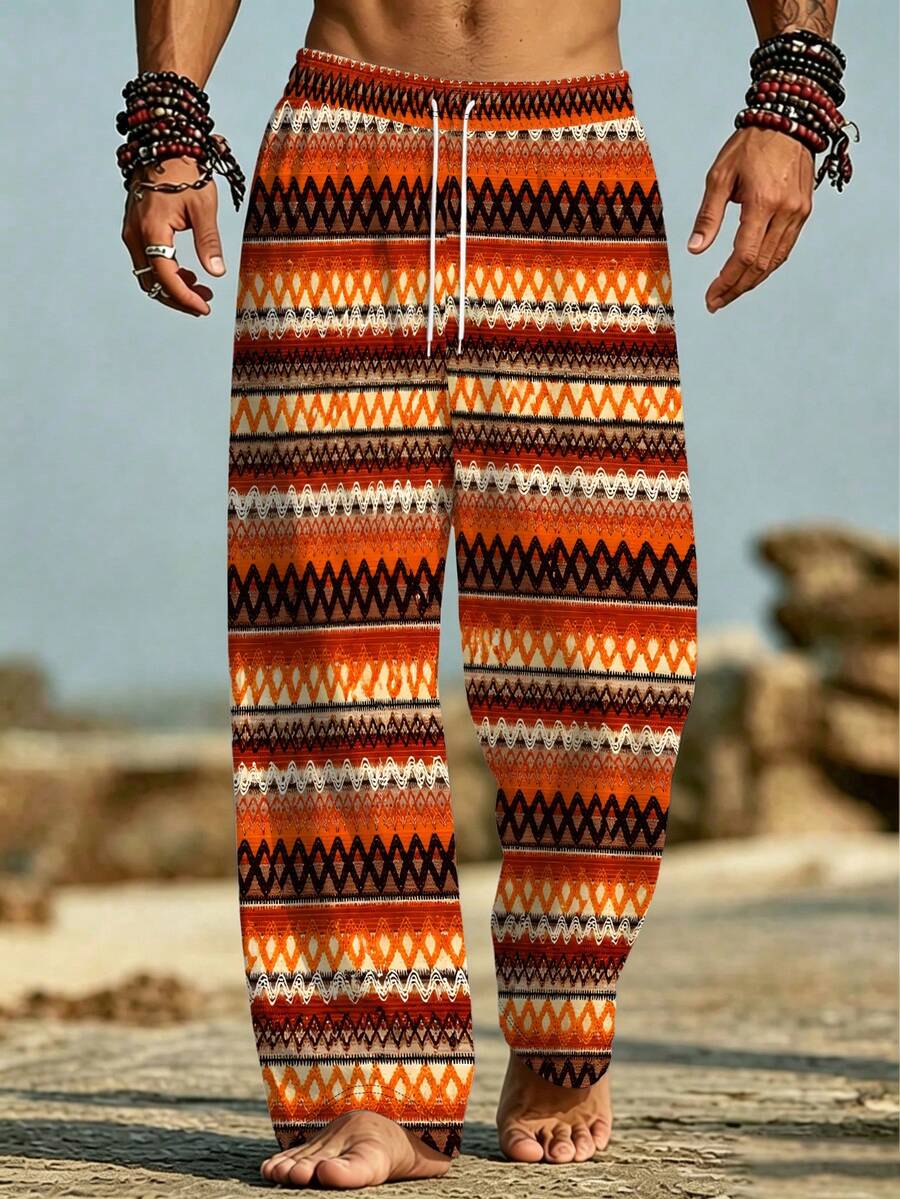 Men's Casual Beach Pants, Featuring INS Style Bohemian Orange Print With Sublimated Multi-Color Geometric Horizontal Stripes - Multicolor - View 1