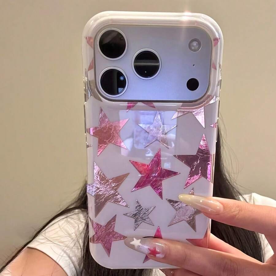 InsY2K Sweet Cool Style Pink Silver Foil Star Print Transparent Shockproof Hard Shell Phone Case, Compatible With IPhone18/18Pro/18ProMax/17/17Pro/17ProMax/16/16Pro/16Plus/16ProMax/15/15Pro/15ProMax/14/14Pro/14ProMax/13/13Pro/13ProMax - Multicolor - View 1