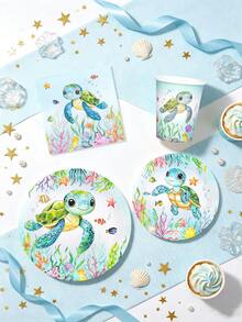10/20/50/80pcs Light Green Turtle Theme Party Paper Supplies, Ocean Theme Tableware Set - Turtle Pattern, Seaweed Pattern, Starfish Pattern, Bottom Fish Pattern 7/9 Inch Paper Plates, Paper Cups, 6.5 Inch Napkins, Suitable For Birthday, Baby Shower, Turtle Theme Party Decoration - Multicolor - View 4