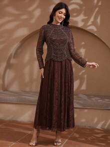 JINLICX Dark Brown High Neck Beaded Mesh Long Sleeve Lace Maxi Dress Luxury Formal Evening Gown For Wedding Banquet - Coffee Brown - View 5