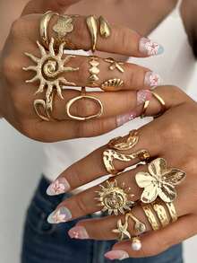 14/8/6pcs Bohemian Elegant Fashion Old Money Style Sunflower Floral Geometric Faux Pearl Ring Set Beach Vacation Daily Women Accessories - Yellow Gold - View 2