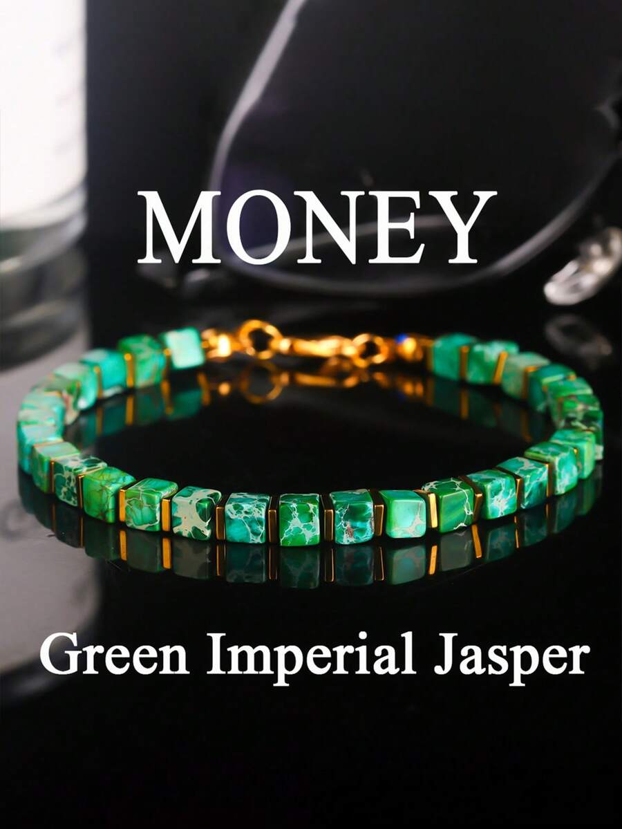 YAUKIA 1pc Green Imperial Jasper Money Bracelet, Natural Stone Jewelry, Attracting Wealth Emotional Balance, Suitable For Daily Wear And Gift Giving - Multicolor - View 1