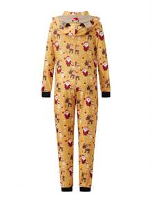 Family Matching Christmas Jumpsuits Pajamas Letter/Santa/Tree/Print Hooded Long Sleeve Playsuits Autumn Zipper Long Rompers - Yellow Mom - View 7