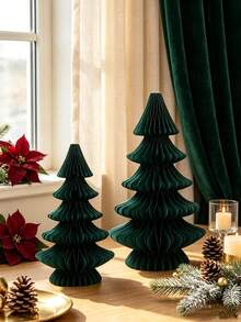 2pcs Green Paper Honeycomb Christmas Trees, Holiday Tabletop Decor, Party Decoration And Gift, Suitable For Christmas Table Display, Centerpiece And Home Or Room Decoration - Green - View 9