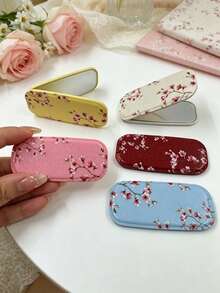 1PC Imitation Leather Grain Mirror Makeup Phone Holder, Adhesive Foldable Mirror Back Sticker, Dual Horizontal & Vertical Use Portable Desktop Stand - Peach Blossom Petals - View 2