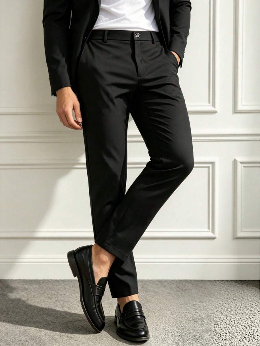 Men's Casual Straight Leg Dress Pants, Regular Fit With Zipper Fly, Suitable For Spring, Autumn And All Seasons, Office And Casual Wear - Black - View 1