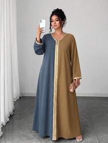 Plus Size Woven Fabric Loose Fit Dress For Home And Daily Wear, Autumn - Multicolor - View 3
