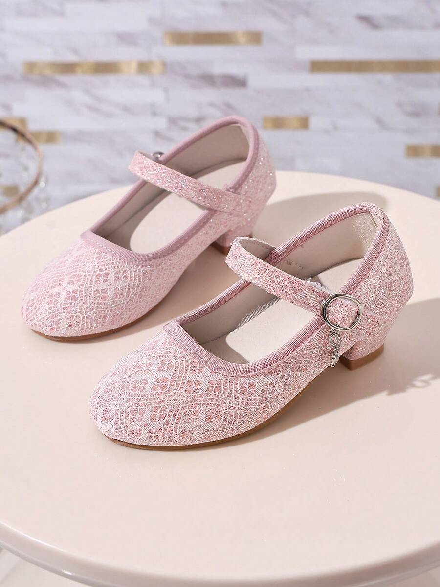 Gentle Lace Sequin Girls Princess Shoes Chunky Heel Children's Formal Shoes - Pink - View 1