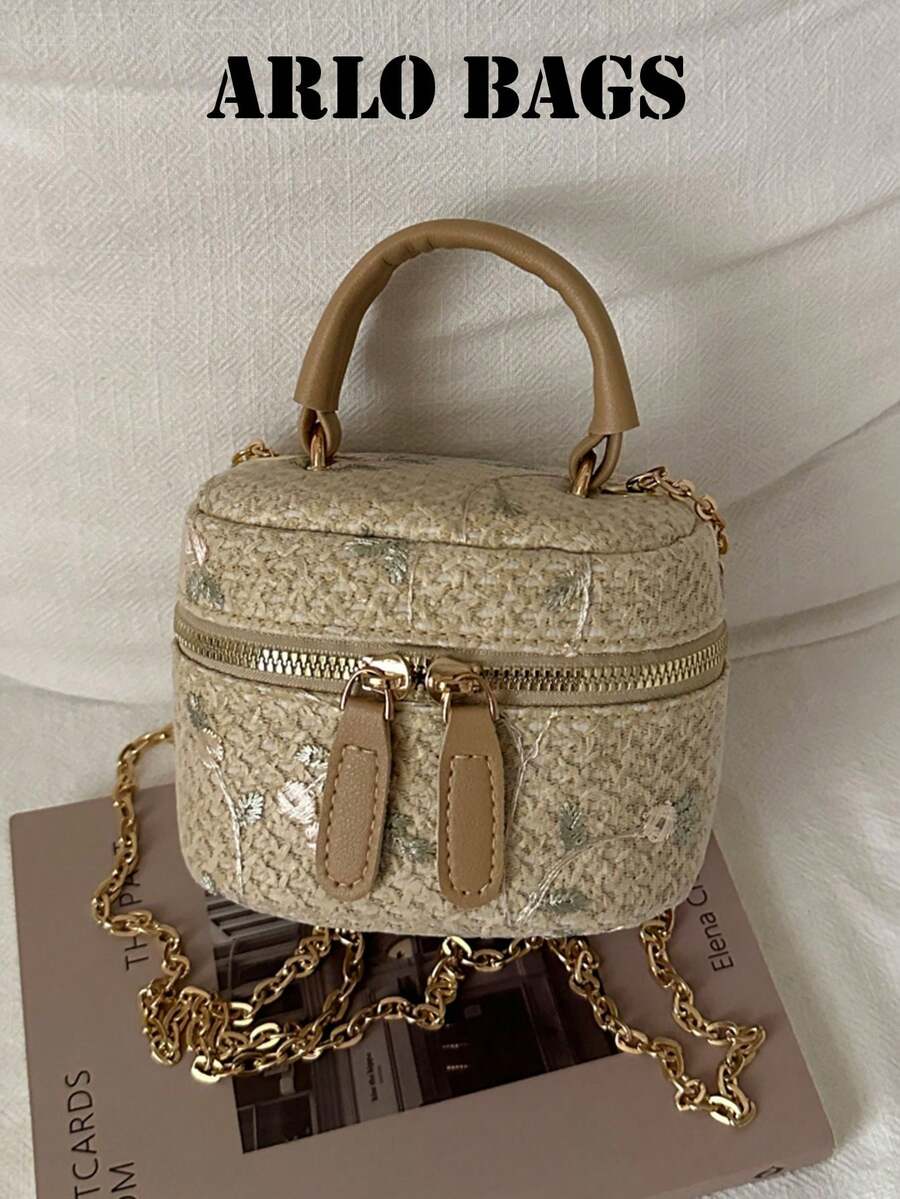 花卉刺繡紋理布料短手柄金屬鏈條肩帶裝飾清新溫柔風方型小包 女款日常購物約會旅行斜挎包 柔和氛圍便攜小包 日常穿搭斜挎包 - 卡其色 - 查看 1